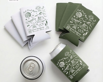 Camp Bachelorette Can Coolers, Personalized Last Trail Before The Veil Drink Beer Sleeves, Camp Themed Bridal Party Favors