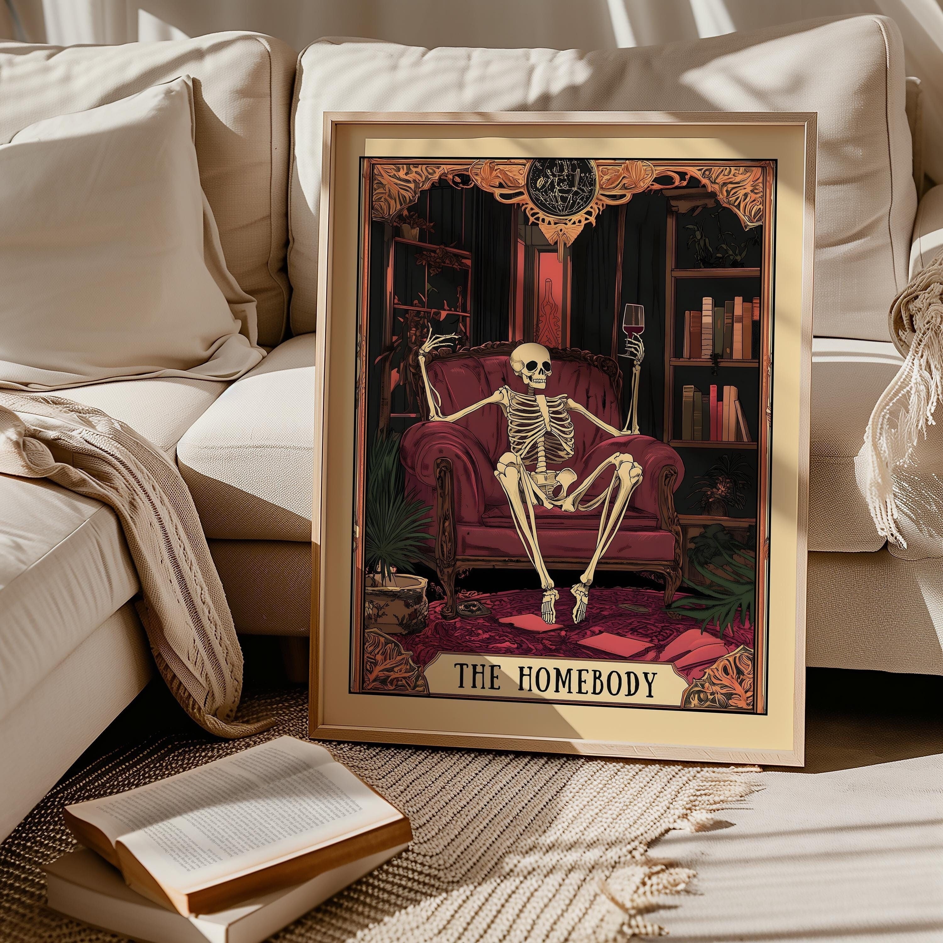 The Homebody Tarot Card, The Homebody Club Print, Sarcastic Skeleton Print, Spooky Print, Living Room Print, Witchy Library Decor