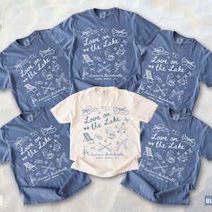 Anpassad kärlek vid sjön möhippa t-shirt, bekväma färger personlig sjö Bach party t-shirt, sjöbrud berg camping Bach tee