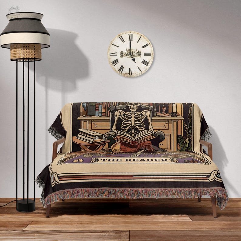 Skeleton Reader Tarot Woven Blanket, Reading Nook Decor, Bibliophile Present, Bookish Gift Ideas, Book Lover Blanket, Woven Wall Hanging