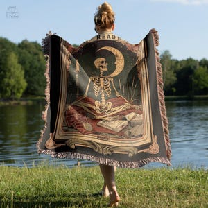 Skeleton Reader Tarot Woven Blanket, Reading Nook Decor, Bibliophile Present, Bookish Gift Ideas, Book Lover Blanket, Woven Wall Hanging