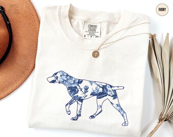 Blauw bloemenshirt Duitse korthaar, aanwijzer T-shirt Comfort Colors®, moeder T-shirt Toile Duitse aanwijzer, mama cadeau kortharige aanwijzer