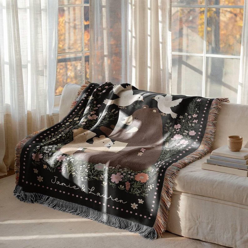 Gift For Mom Custom Blanket, Personalized Text Christmas Present From Kids, Mama Bear Cottagecore Woven Throw, Woodland Forest Tapestry image 10
