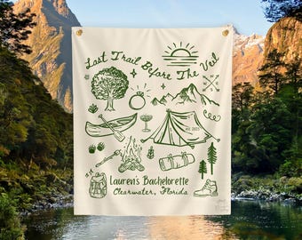 Custom Camp Bach Tapestry, Personalized Camping Bachelorette Banner Decor,Girls Weekend Backdrop Lake Outdoor Hiking Bridal Weekend Backdrop