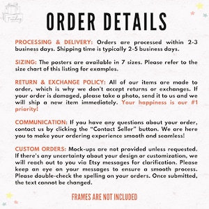 Puede incluir: Un gr&aacute;fico rosa y blanco con el texto "ORDER DETAILS" en negro. El gr&aacute;fico proporciona informaci&oacute;n sobre el procesamiento y la entrega, el tama&ntilde;o, la pol&iacute;tica de devoluci&oacute;n y cambio, la comunicaci&oacute;n y los pedidos personalizados. El texto "FRAMES ARE NOT INCLUDED" est&aacute; en la parte inferior del gr&aacute;fico.