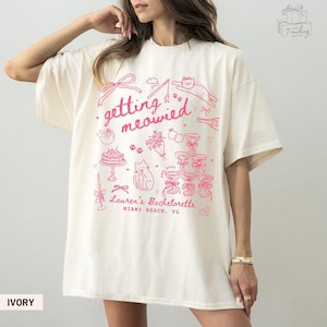 Custom Cat Bachelorette Shirt, Getting Meowied Funny Cat Themed Bach Party Favors, Here to Purrty Coquette Bow Bridesmaid Gifts