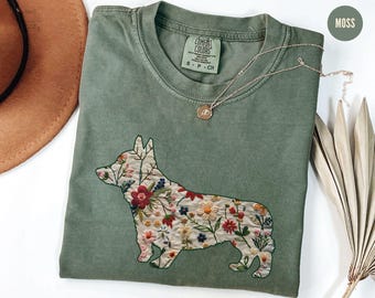 Floral Corgi Tshirt, Comfort Colors Wildflowers Corgi Tee, Cottage Core Corgi Mama Shirt, Corgi Lover Gift, Dog Mom Gifts