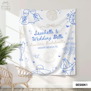 Seashells and Wedding Bells Bachelorette Party Tapestry, Custom Beach Bride Weekend Decor, Personalized Coastal Wedding Backdrop Banner