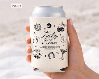 Lucky In Love Can Cooler, Custom Las Vegas Bachelorette Decor, Personalized Bachelorette Beer Sleeve, Casino Bridal Shower Drink Cooler