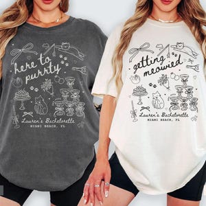 Personalized Cat Bachelorette Shirt, Custom Getting Meowied Funny Cat Themed Bach Party Favors, Here to Purrty Coquette Bow Bridesmaid Gifts