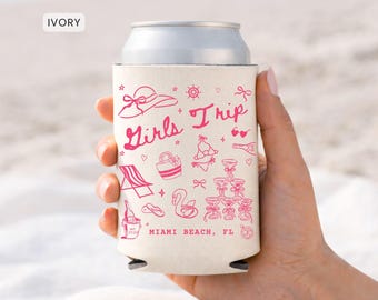 Custom Girls Trip Beach Bachelorette Can Coolers, Personalized Coastal Beer Can Sleeves, Tropical Vacation Trip Party Favors