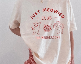 Nygift katt bröllopströja nygift par matchande t-shirt komfortfärger herr och fru t-shirt just meowed smekmånadspresent till brud och brudgum