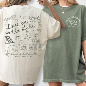 Maglietta Comfort Colors &quot;Love On The Lake Bachelorette&quot;, maglietta personalizzata per festa di addio al nubilato sul lago, maglietta personalizzata per sposa sul lago, campeggio in montagna con addio al nubilato