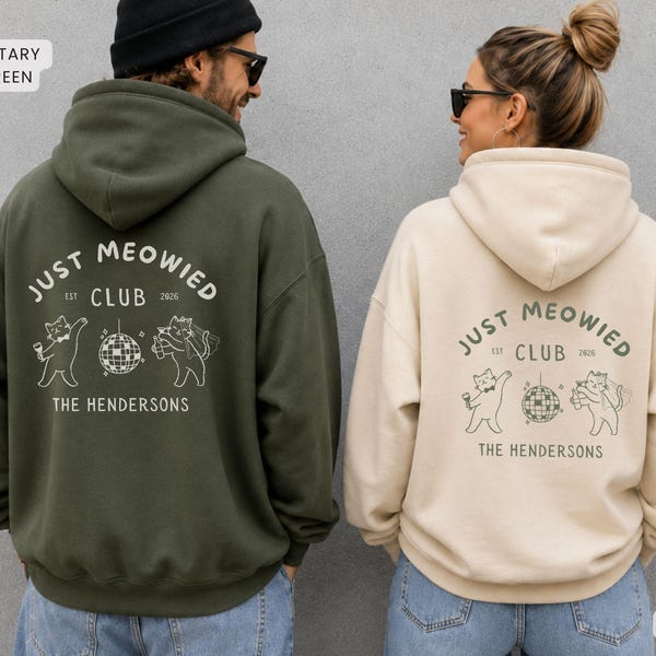 Sweat-shirt de mariage personnalisé « Just Married » avec chat, T-shirt assorti pour jeunes mariés, Pull « Mr and Mrs Just Meowied », Cadeau de lune de miel pour la mariée et le marié