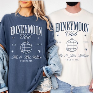 Custom Comfort Colors® Honeymoon Shirts, Personalized Just Married T-Shirt, Couples Matching Tee, Custom location His and Hers Newlywed Gift