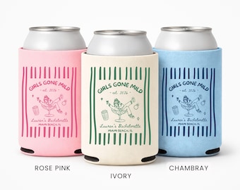 Fundas para latas de cerveza para despedida de soltera "Girls Gone Mild", fundas para latas de cerveza para fiestas de spa, recuerdos personalizados para despedidas de soltera, portavasos para noches de chicas.