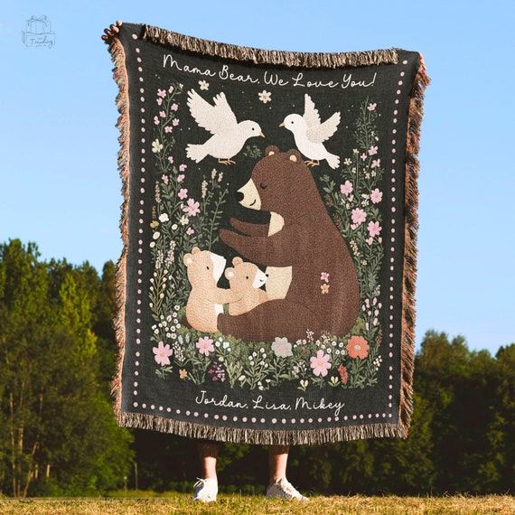 Personalized Blanket Mom Gift, Mothers Day Present From Kids, Mama Bear Woven Throw, Custom Message Woodland Tapestry, Unique Home Decor