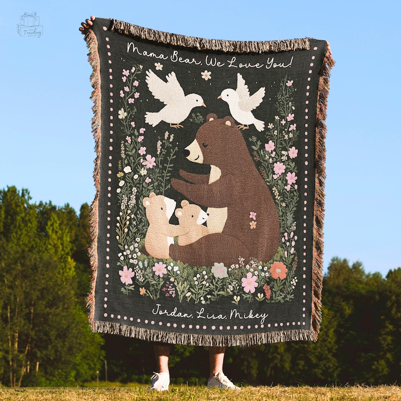 Custom Mom Blanket Gift, Christmas Present  From Kids, Mama BearWoven Throw, Custom Message Woodland Tapestry, Personalized Picnic Blanket