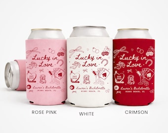 Custom Lucky in Love Bachelorette Can Coolers Las Vegas Bach Party Favors Casino Birthday Gifts Girls Trip Decor Vegas Wedding Beer Sleeve