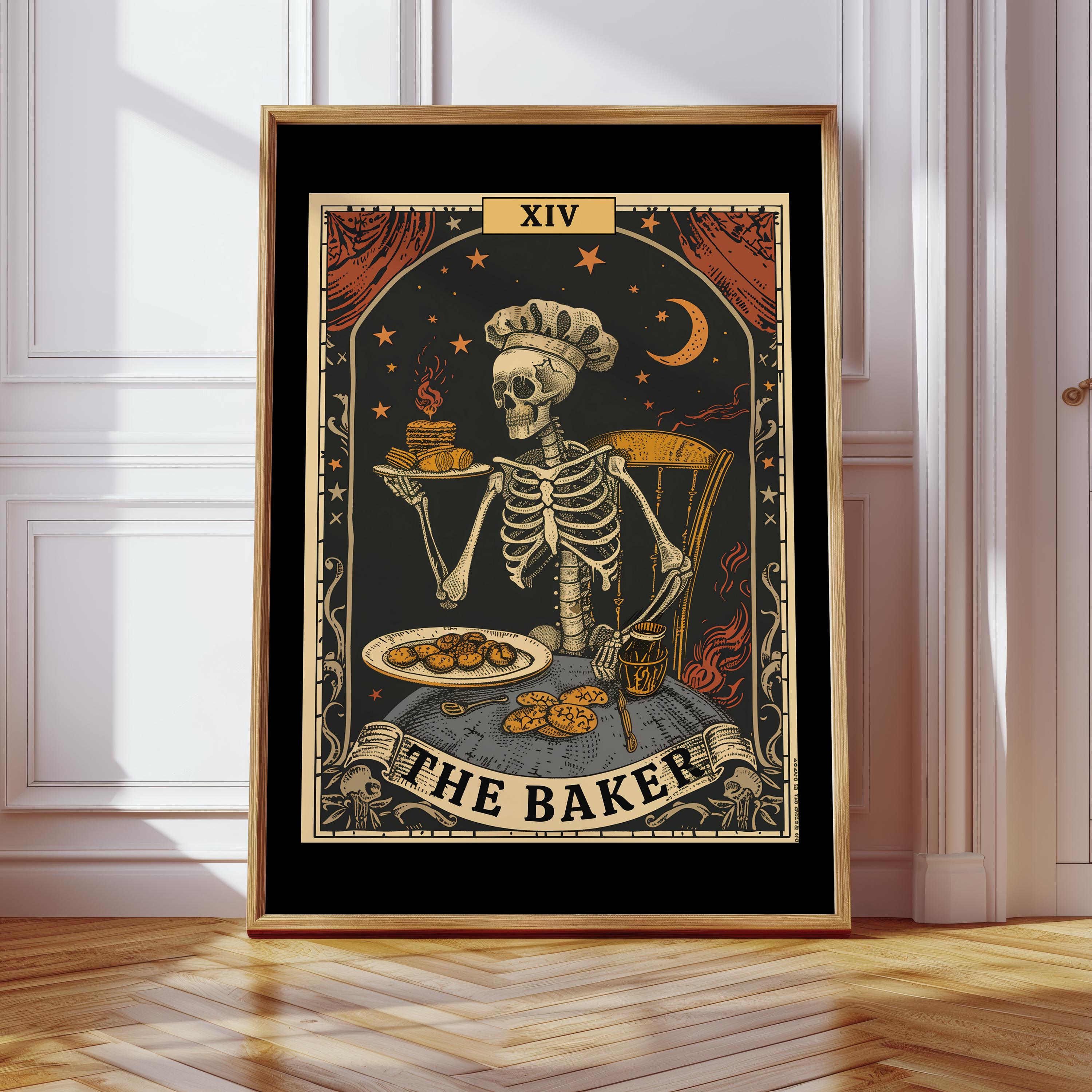 Baking Art Print,Skeleton Cooking Print,Tarot Card Wall Art,Gift for Bakers,Culinary Art Poster,Funny Kitchen Wall Art,Cake Lover Bakery Art