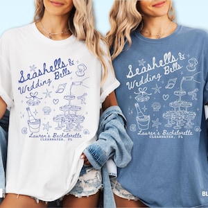 Seashells and Wedding Bells Bachelorette Shirt, Custom Coastal Beach Bach Tshirt, Personalized Bridal Party Girls Trip Comfort Colors Tees