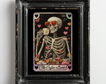 May include: Framed art print featuring a skeleton wearing heart-shaped sunglasses and drinking from a teacup. The skeleton is surrounded by flowers and hearts, with the text "The Coffee Lover" at the bottom. The frame is black and ornate.
