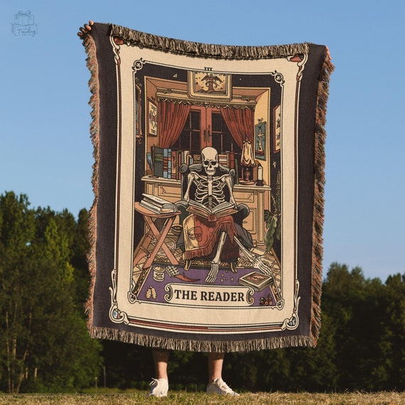 The Reader Tarot Card Blanket, Skeleton Bookish Gifts, Book Nook Decor, Woven Tapestry, Librarian Gifts, Book Lover Housewarming Throw