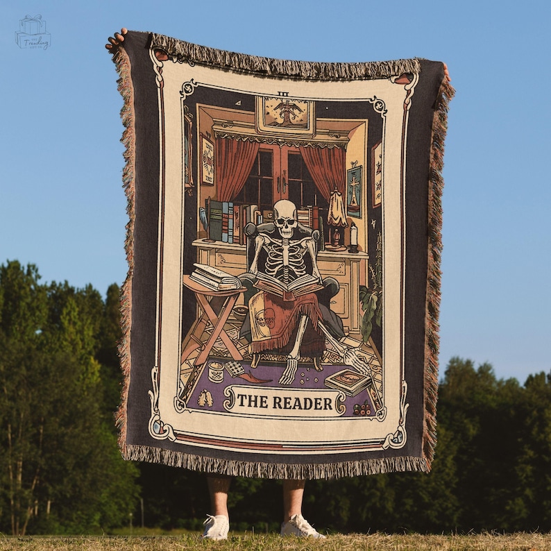 Skeleton Reader Tarot Woven Blanket, Reading Nook Decor, Bibliophile Present, Bookish Gift Ideas, Book Lover Blanket, Woven Wall Hanging