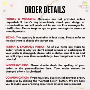 May include: A white background with the text "ORDER DETAILS" in black. The text provides information about proofs, sizing, return policy, order details, and communication. The text is in a clear, easy-to-read font.