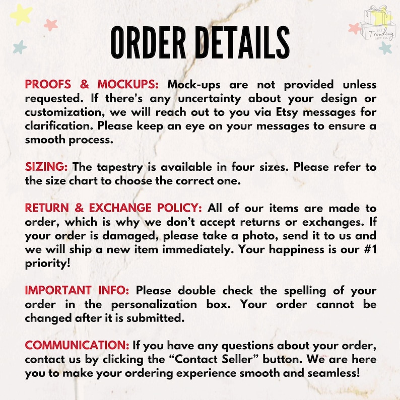 May include: A white background with the text "ORDER DETAILS" in black. The text provides information about proofs, sizing, return policy, order details, and communication. The text is in a clear, easy-to-read font.