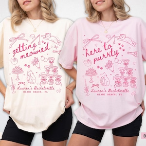 Personalized Cat Bachelorette Shirt, Custom Getting Meowied Funny Cat Themed Bach Party Favors, Here to Purrty Coquette Bow Bridesmaid Gifts