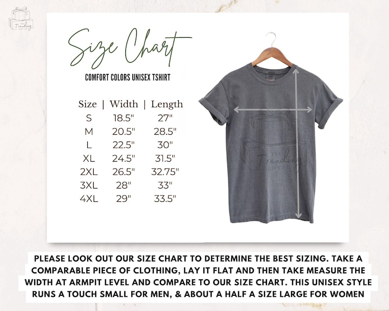 May include: Size chart for a unisex t-shirt with measurements in inches. The chart shows the width and length of the shirt in sizes S, M, L, XL, 2XL, 3XL, and 4XL. The text "Comfort Colors Unisex T-shirt" is at the top of the chart.