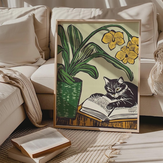 Cat Reading Book Wall Art, Cat Lover Gift, Funny Cat Poster, Unique Cat Art, Cat Mom Gift,Vintage Cat, Emerald Green Poster,Black Cat Print