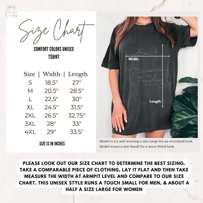 May include: Size chart for a unisex t-shirt with measurements in inches. The chart shows the width and length of the shirt in sizes S, M, L, XL, 2XL, 3XL, and 4XL. The chart also includes a note that the unisex style runs a touch small for men and about half a size large for women.