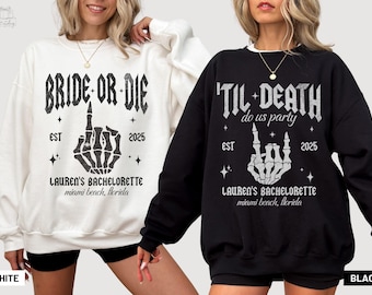 Sweat-shirt drôle d'enterrement de vie de jeune fille mariée ou mourante, jusqu'à ce que la mort nous fasse la fête des faveurs de célibataire d'Halloween, chemise gothique mariée squelette Bach