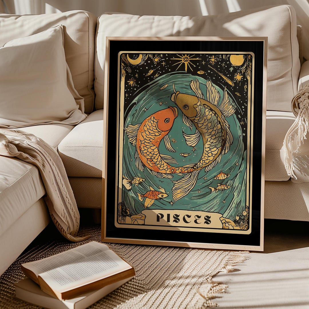 Pisces Zodiac Poster Art, Tarot Wall Art, Astrology Art Print, Vintage ...