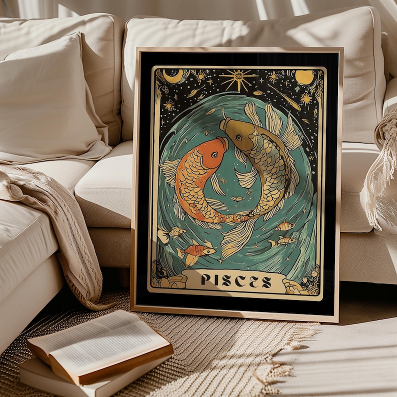 Pisces Zodiac Poster Art, Tarot Wall Art, Astrology Art Print, Vintage ...