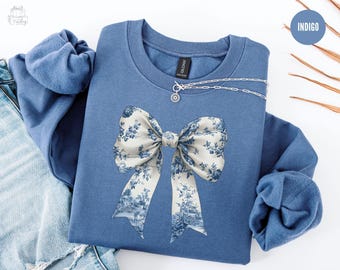 Coquette Bow Sweatshirt,Toile De Jouy  Blue Ribbon Sweatshirt, Girly Aesthetic Crewneck, Cute Coquette Bow Shirt, Toile Blue Bow Sweater