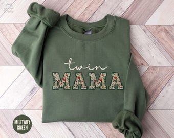 Sudadera con estampado floral para mamás gemelas, regalo de cumpleaños para mamás gemelas, cuello redondo para el Día de la Madre, camiseta para revelar el embarazo