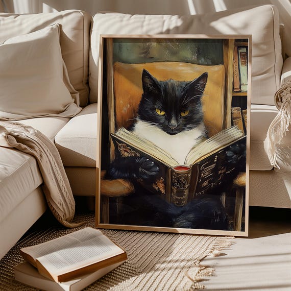 Cat Reading Book Wall Art, Cat Lover Gift, Funny Cat Poster, Unique Cat Print, Cat Mom Gift, Vintage Cat Painting, Tuxedo Cat Art,Kitten Art