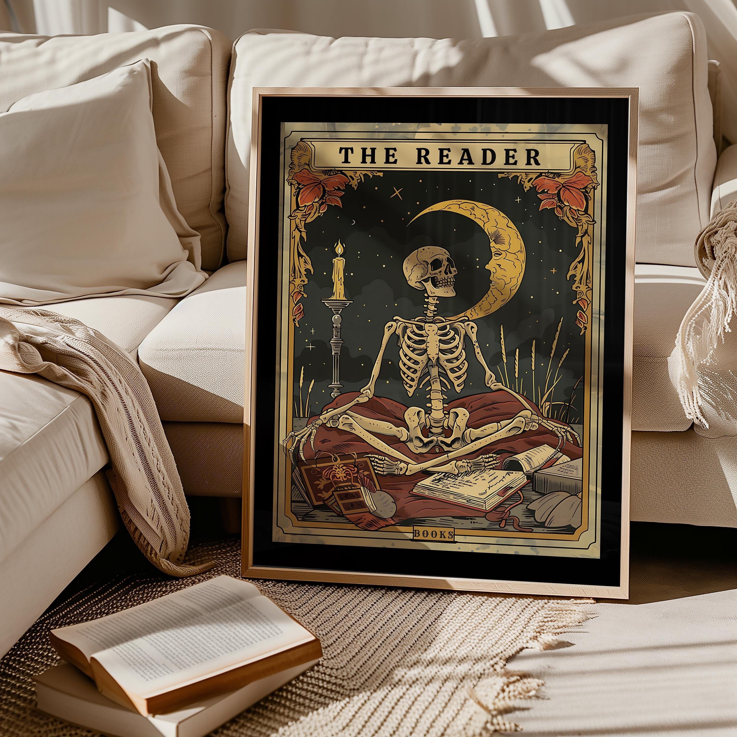 The Reader Tarot Print, Skeleton Reader Tarot Card Wall Art, Book Lover Gift, Witchy Reading Nook Art,  Bookish Witchy Library Decor
