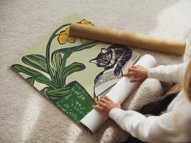 Cat Reading Book Wall Art, Cat Lover Gift, Funny Cat Poster, Unique Cat Art, Cat Mom Gift,Vintage Cat, Emerald Green Poster,Black Cat Print image 9