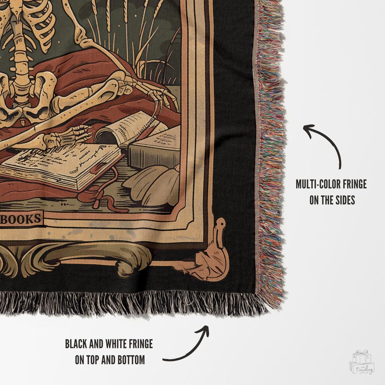 Skeleton Reader Tarot Woven Blanket, Reading Nook Decor, Bibliophile Present, Bookish Gift Ideas, Book Lover Blanket, Woven Wall Hanging