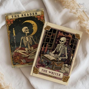 May include: Two hardback books with gothic illustrations. One book is titled "The Reader" and features a skeleton with a crescent moon and candle. The other book is titled "The Writer" and shows a skeleton at a desk with candles and bats.
