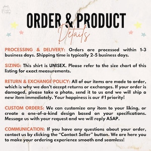 Puede incluir: Gr&aacute;fico de detalles del producto con el texto "ORDER & PRODUCT Details". El texto incluye informaci&oacute;n sobre los tiempos de procesamiento y entrega, el tallaje, las pol&iacute;ticas de devoluci&oacute;n y cambio, los pedidos personalizados y la comunicaci&oacute;n.