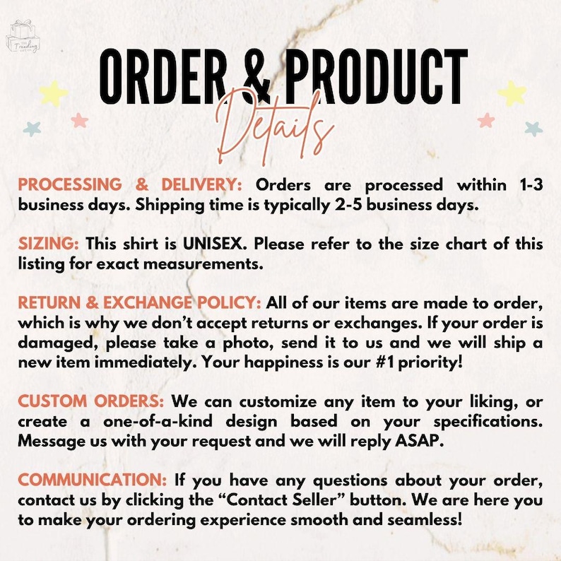 Puede incluir: Gr&aacute;fico de detalles del producto con el texto "ORDER & PRODUCT Details". El texto incluye informaci&oacute;n sobre los tiempos de procesamiento y entrega, el tallaje, las pol&iacute;ticas de devoluci&oacute;n y cambio, los pedidos personalizados y la comunicaci&oacute;n.