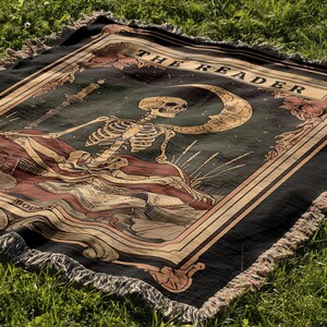 Skeleton Reader Tarot Woven Blanket, Reading Nook Decor, Bibliophile Present, Bookish Gift Ideas, Book Lover Blanket, Woven Wall Hanging