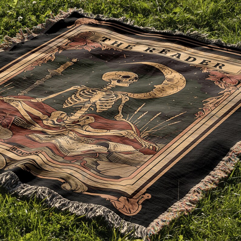 Skeleton Reader Tarot Woven Blanket, Reading Nook Decor, Bibliophile Present, Bookish Gift Ideas, Book Lover Blanket, Woven Wall Hanging