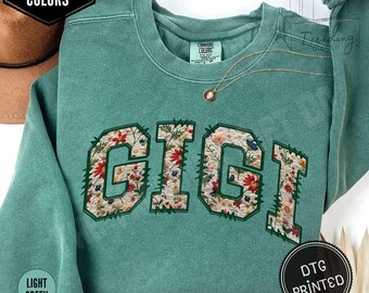 Felpa personalizzata Gigi Comfort Colors, maglietta floreale personalizzata per la nonna, outfit GG Nana, maglione per la nonna, regalo di Natale, girocollo per la nonna