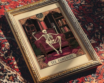 The Homebody Tarot Card, Sarcastic Skeleton Print, The Homebody Club Print,  Spooky Print, Living Room Print, Witchy Library Decor